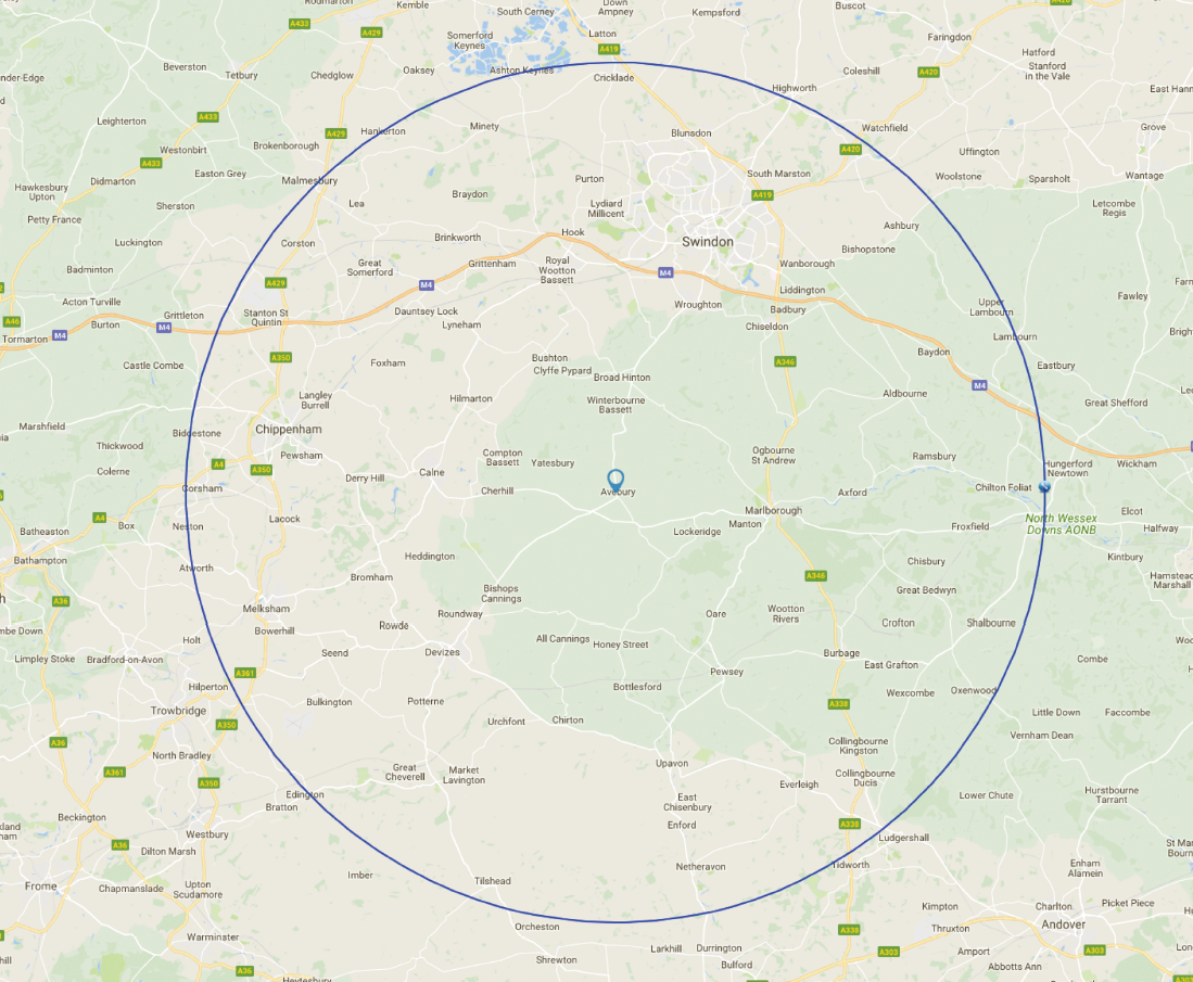 Avebury 15 mile radius map